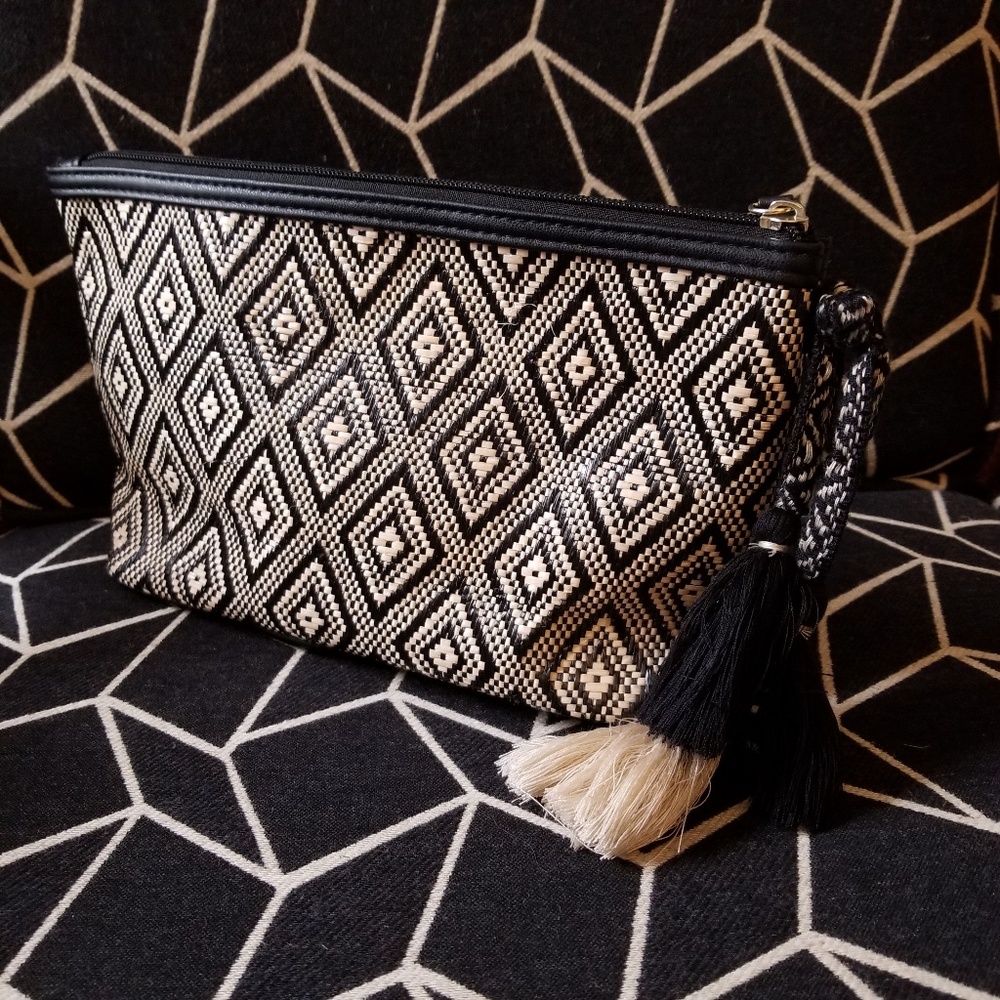Altar'd State Black & White Woven Diamond Cosmetic Bag with Tassel